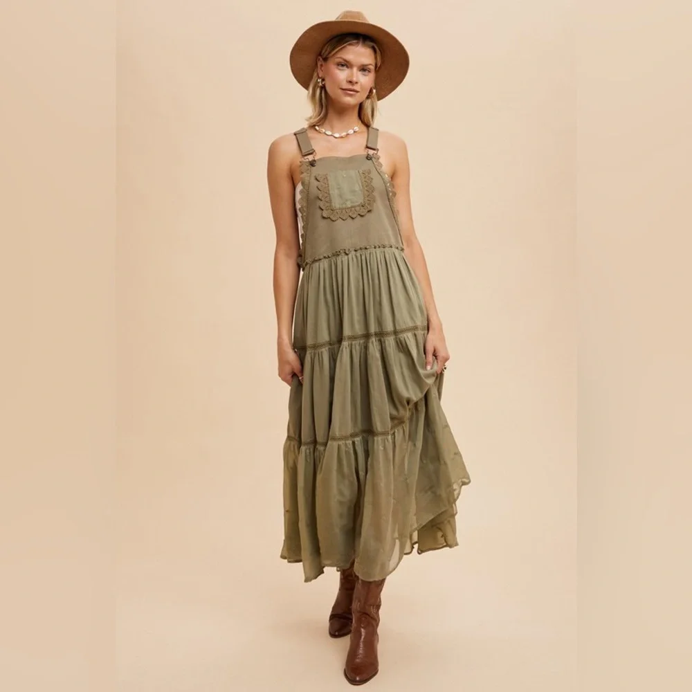 643. Olive green embroidered tiered skirtall lace maxi dress - Picture 2 of 5